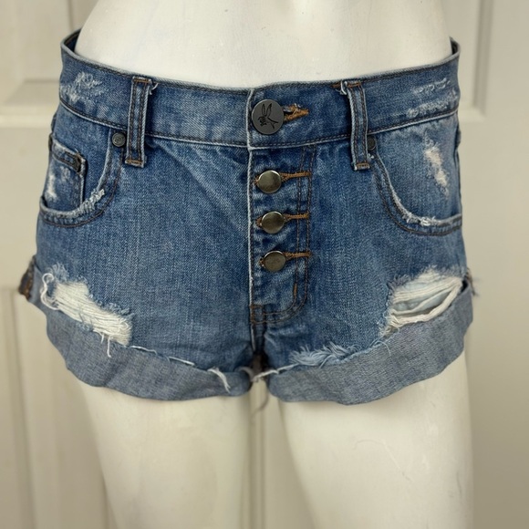 One X One Teaspoon Harlets High Rise Exposed Button Fly Jean Shorts 24 - Picture 1 of 13
